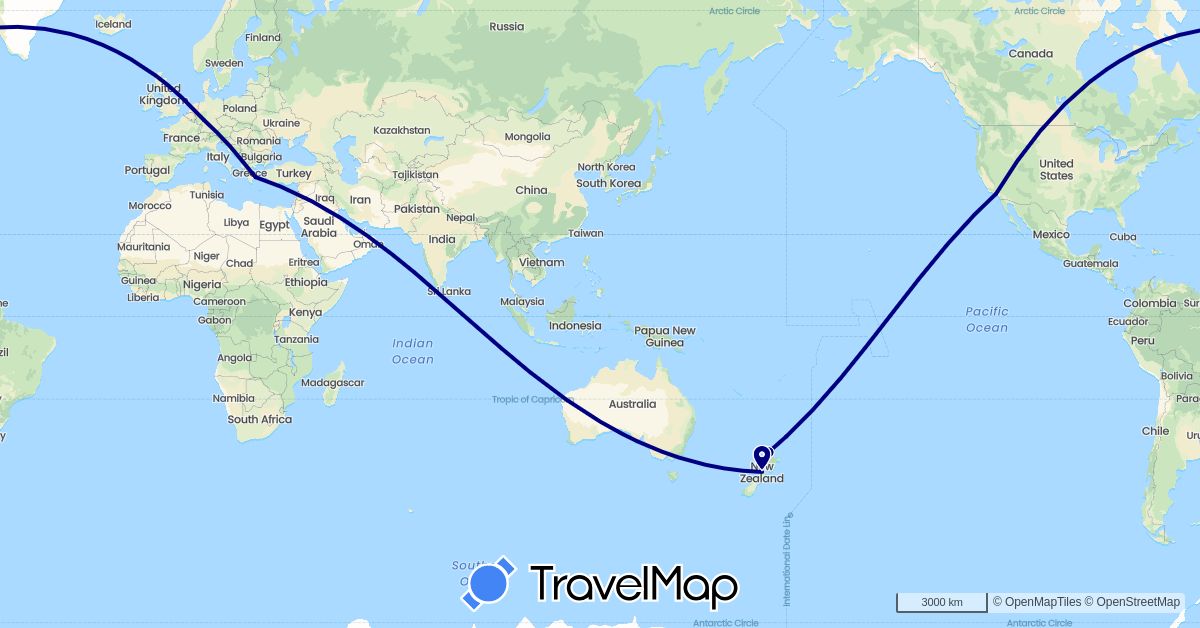 TravelMap itinerary: driving in Germany, Greece, New Zealand, United States (Europe, North America, Oceania)